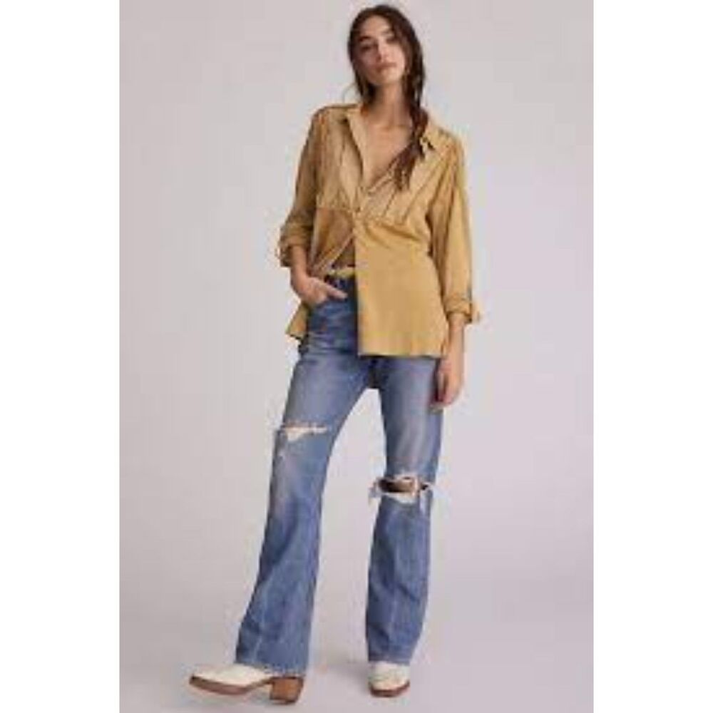 Anthropologie Pilcro Button Front Frayed Tunic Oversized Medium Honey Color VNC